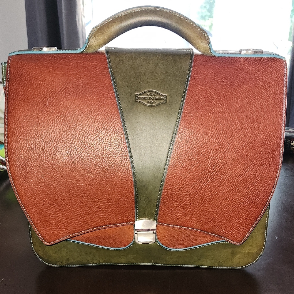 Stylish Leather Briefcase in Rust and Green with Turquoise Accents
